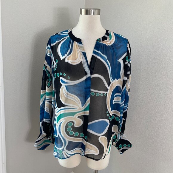 NEW Chicos Womens 10 Pintuck Detail Swirl Print Top Long Sleeve Blouse Shirt - Picture 1 of 16